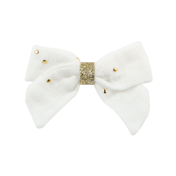 Barrette noeud double gaze blanc doré