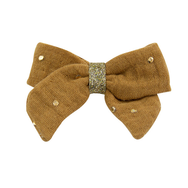 Barrette noeud double gaze camel doré