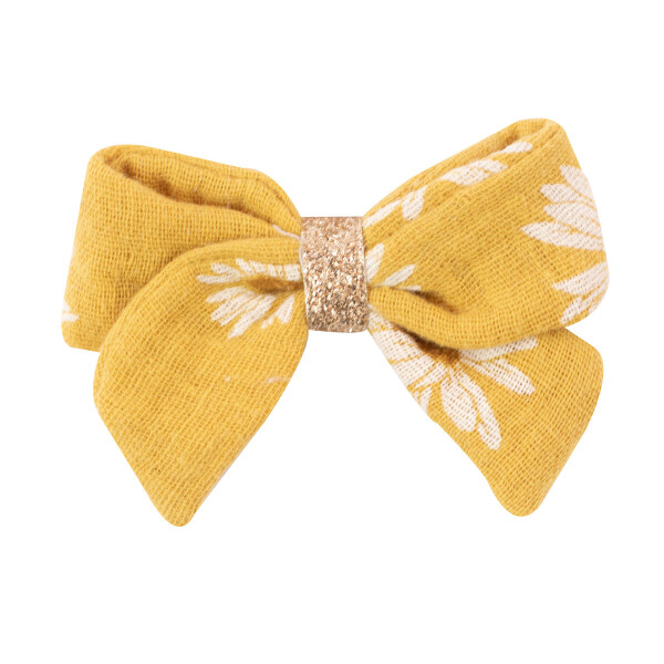 Barrette noeud double gaze moutarde à fleurs