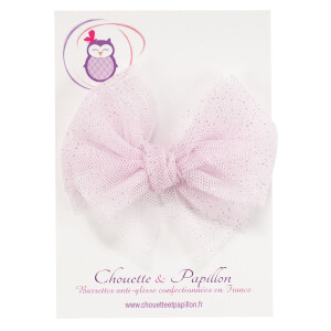 Barrette noeud tulle parme paillettes argents