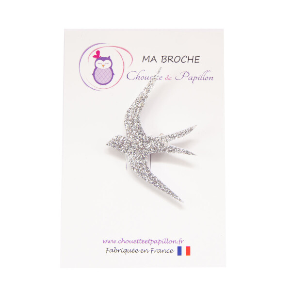 broche fille hirondelle paillettes argents