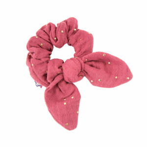 Chouchou noeud double gaze prune pois or