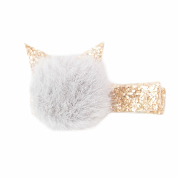 Barrette bebe fille chat pompon gris or