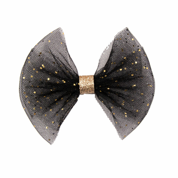 barrette noeud tulle noir or