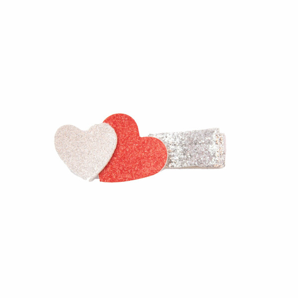 barette cheveux duo petits coeurs rouge argent