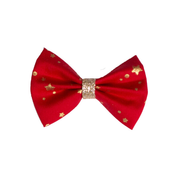 Barrette noeud noel rouge etoiles or