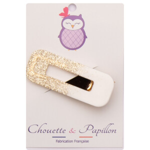 Barrette résine pince rectangle blanc or