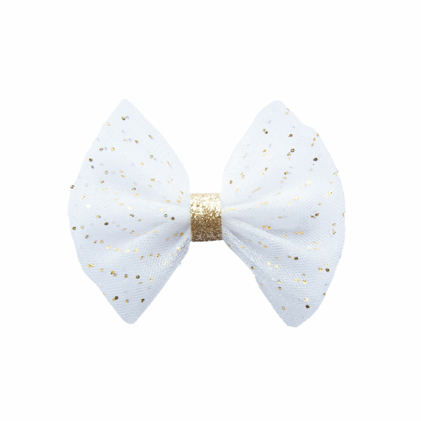 barrette enfant noeud tulle blanc or