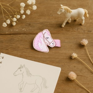 Barrette anti-glisse cheval brodé – Beige et rose