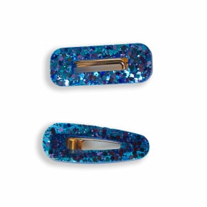 Barrettes Résine Bleu Paillettes Reflets Violets – Forme Rectangle et Goutte