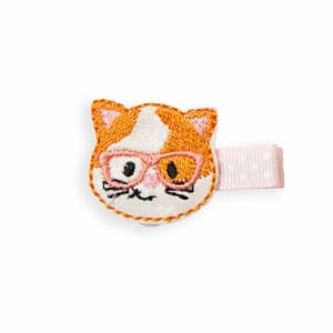 Barrette bébé fille chat à lunettes – Brodée anti-glisse