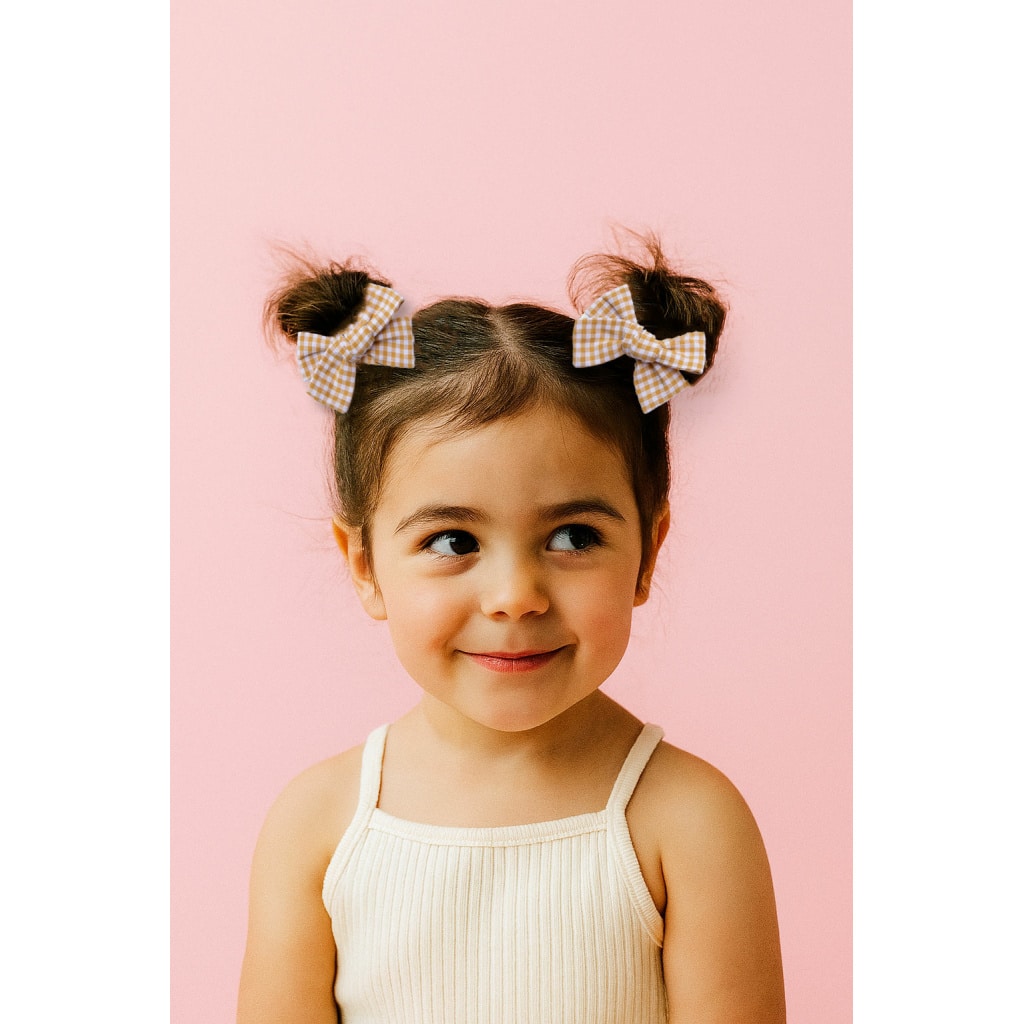 enfant avec couettes qui porte des barrettes neouds vichy moutarde