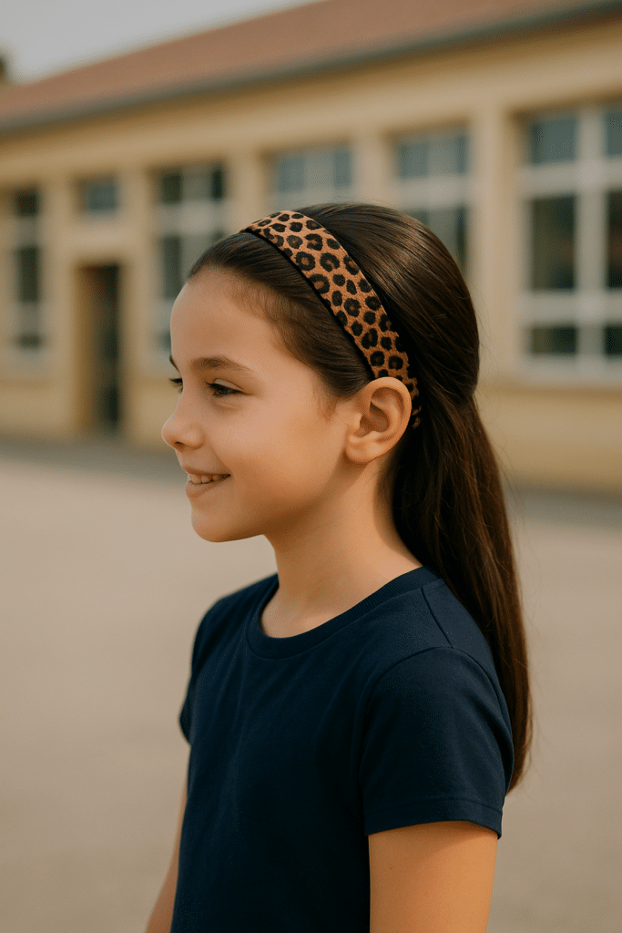Petite fille de profil portant un bandeau léopard devant une école floutée, coiffure rentrée naturelle
