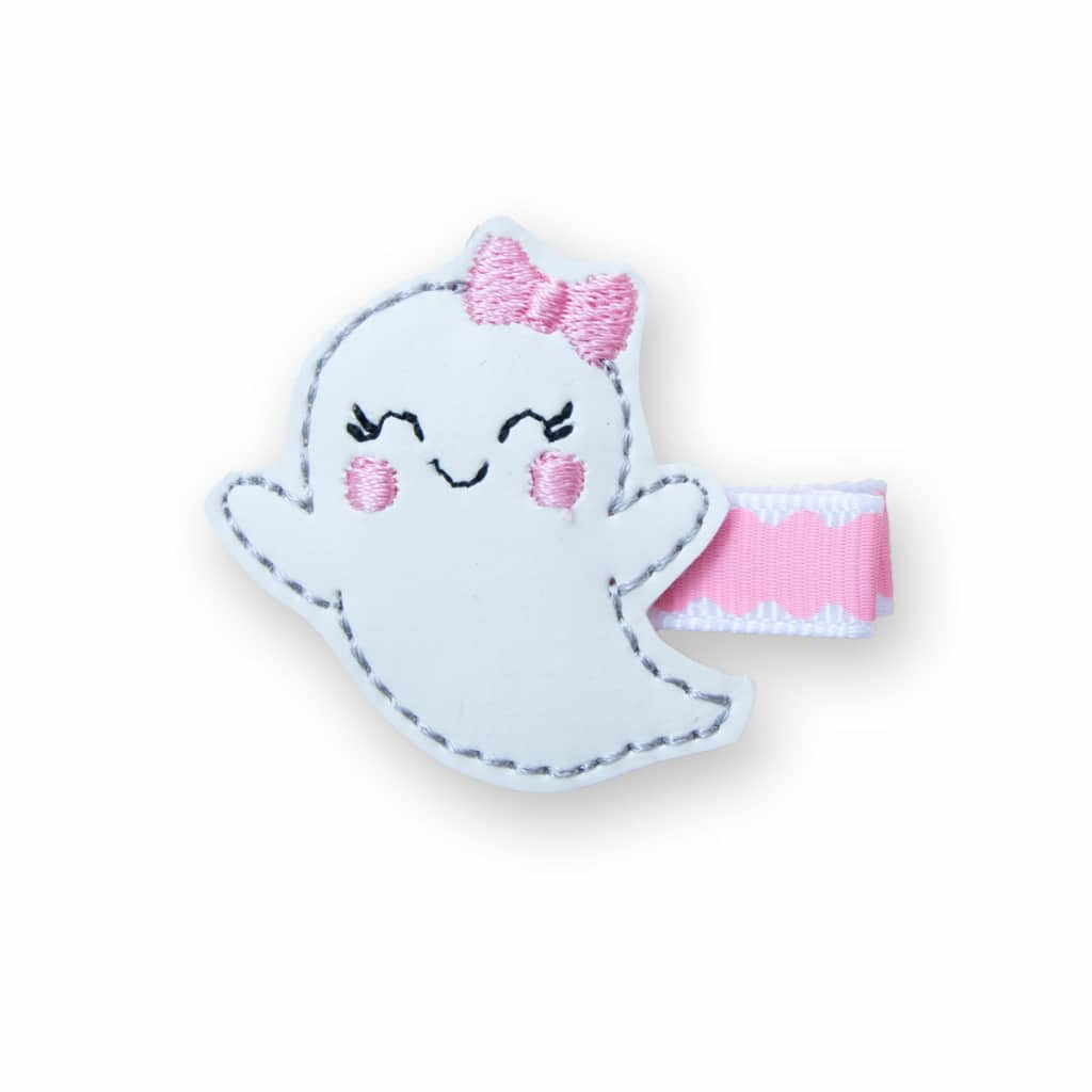 Barrette anti-glisse enfant fantôme phosphorescent avec nœud rose – accessoire cheveux Halloween fille