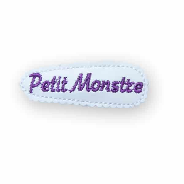 Barrette clic-clac phosphorescente Petit Monstre brodée en violet – accessoire cheveux enfant Halloween