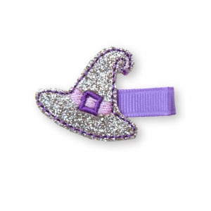 Barrette fille Halloween – Chapeau de sorcière or à paillettes et sangle violette