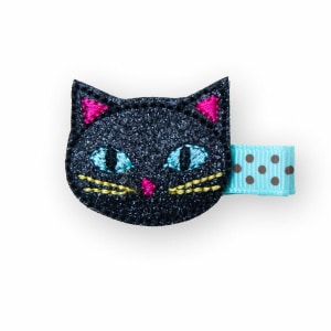 Barrette fille Halloween – Chat noir brodé sur tissu pailleté
