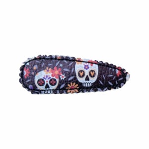 Barrette clic-clac Halloween en simili cuir noir – Têtes de morts & fleurs