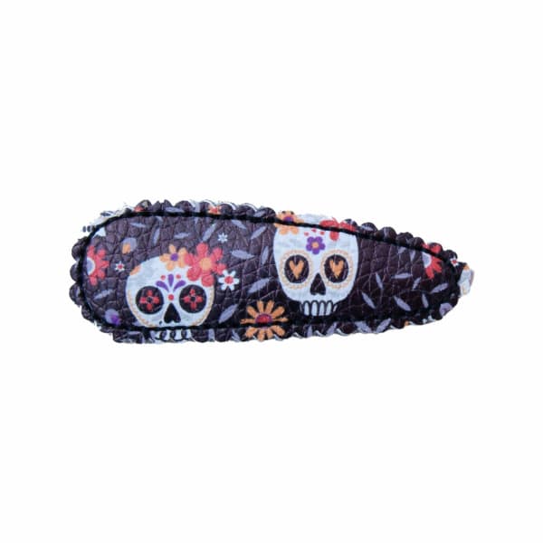 Barrette clic-clac fille têtes de mort colorées style mexicain – accessoire cheveux Halloween