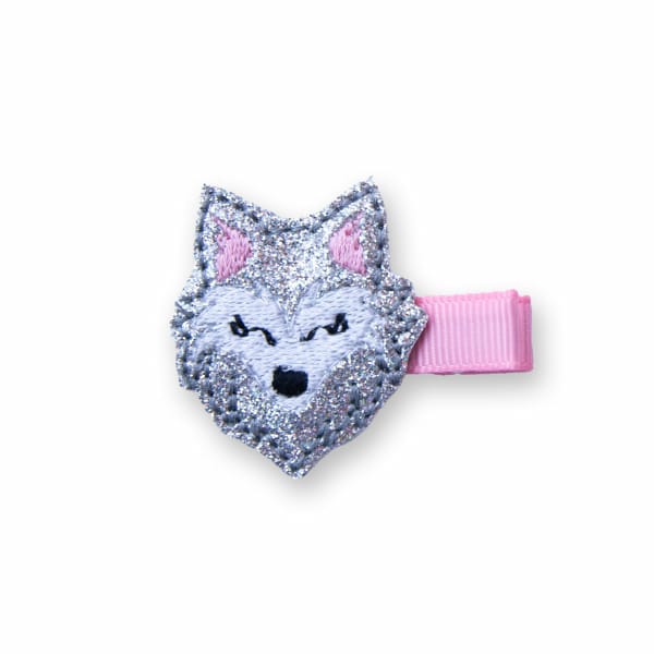 Barrette enfant anti-glisse avec motif loup brodé en fil argent pailleté, originale et idéale cheveux fins, collection automne-hiver