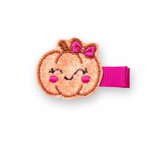 Barrette fille Halloween – Citrouille brodée sur tissu orange pailleté