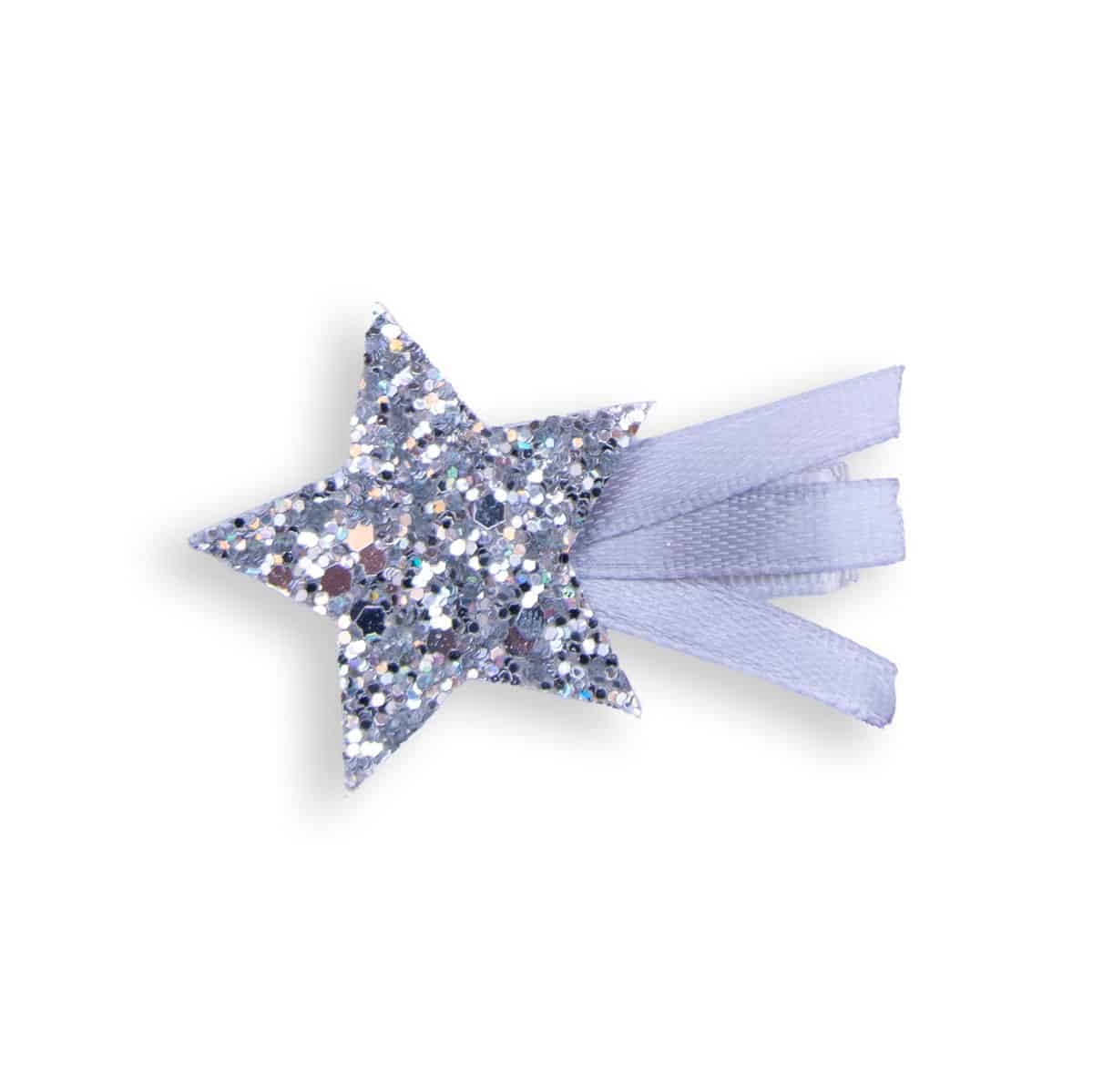 barrette-anti-glisse-enfant-etoile-filante-argent Barrette enfant étoile filante argentée à paillettes, avec rubans, système anti-glisse – Chouette & Papillon