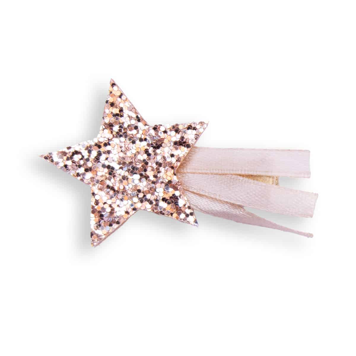 barrette-cheveux-etoile-filante-fetes-fille Barrette enfant étoile filante rose gold à paillettes, avec rubans, système anti-glisse – Chouette & Papillon