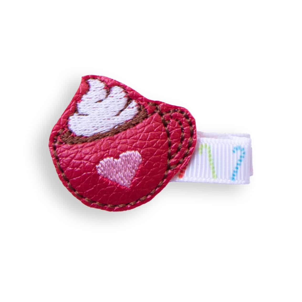 barrette-cheveux-original-chocolat-chaud-hiver-anti-glisse Barrette enfant tasse de chocolat chaud brodée, rouge avec cœur rose, système anti-glisse – Chouette & Papillon