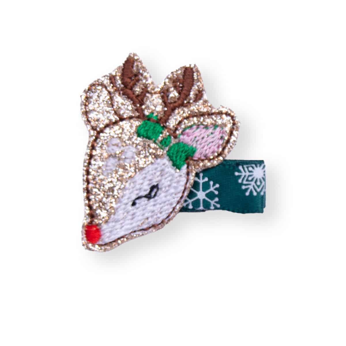 barrette-enfant-renne-nez-rouge-or-noel Barrette enfant renne brodé au nez rouge, détail nœud vert, système anti-glisse – Chouette & Papillon